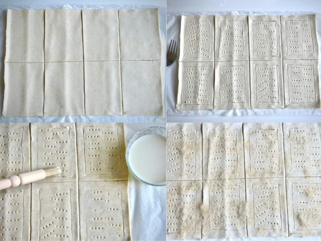 A photo collage with instructions on how to prepare the puff pastry sheet for the strawberry and mascarpone tartlets