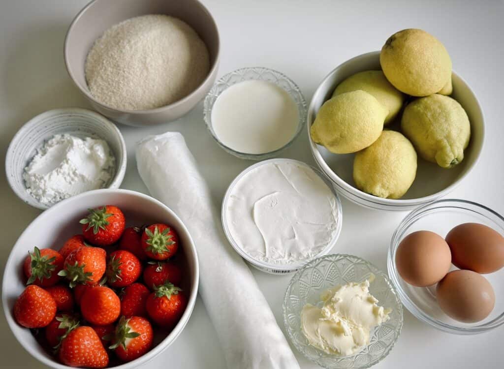 ingredients for making strawberry and mascarpone tartlets with lemon curd laid on a white table