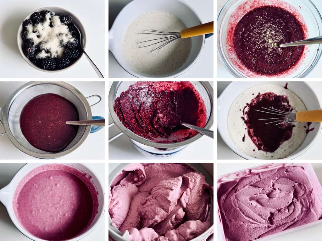 A collection of photos showing the process of making raw milk blackberry and lemon ice cream.