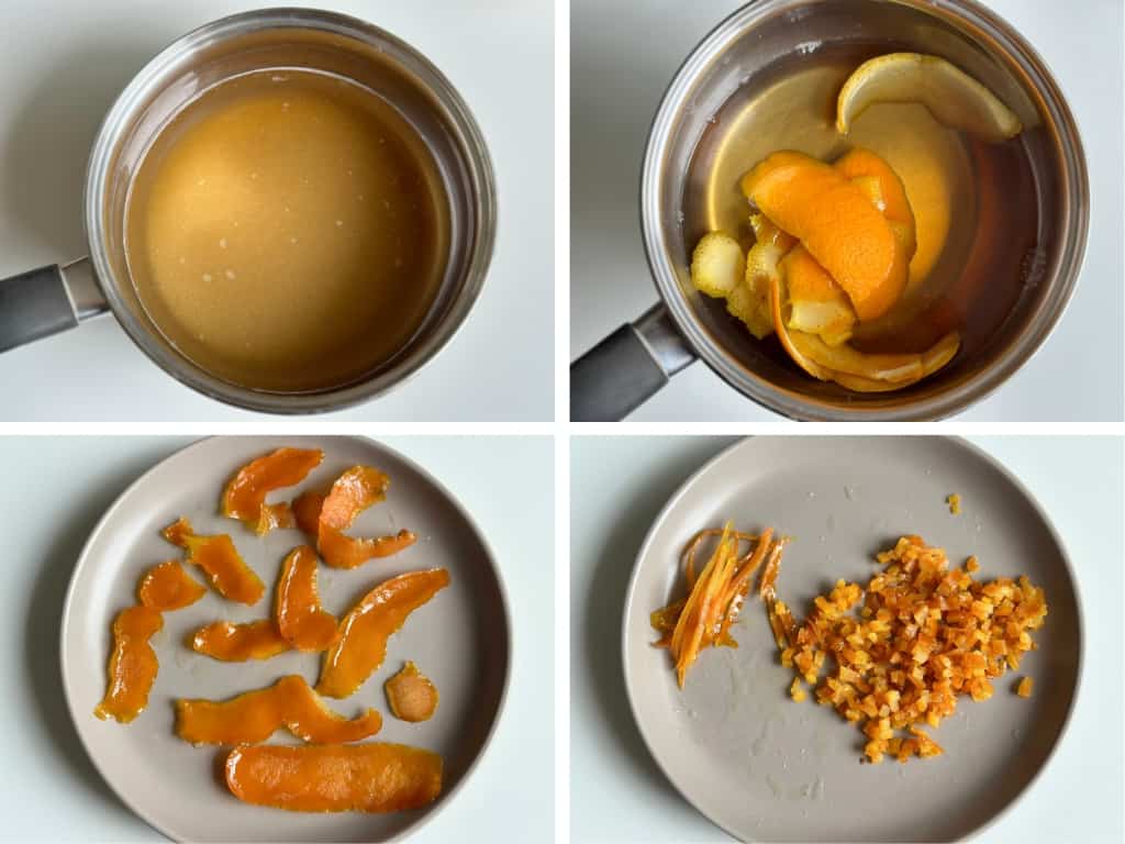 A photo collage with the process of making candied orange