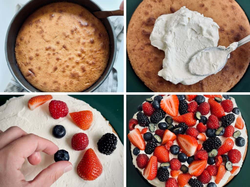 A photo collage with the process of adding toppings to a sponge cake.