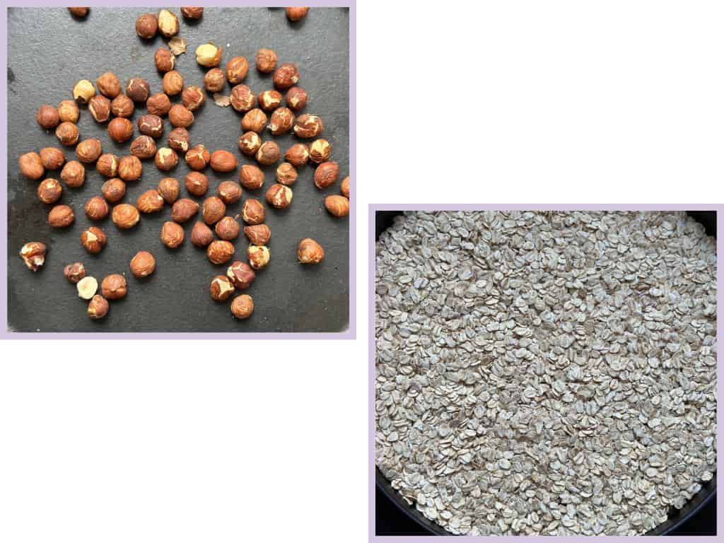 A photo collage of toasted hazelnuts and oats.