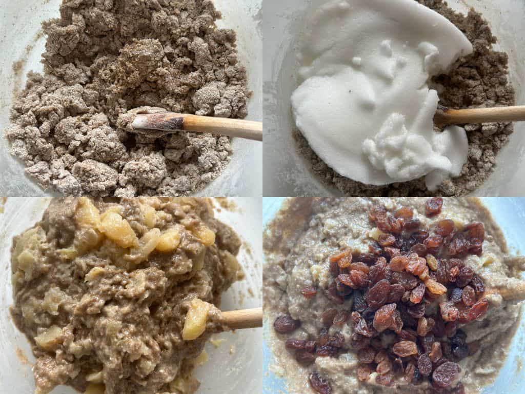 Photo collage of the process of making apple and raisin rye muffins.