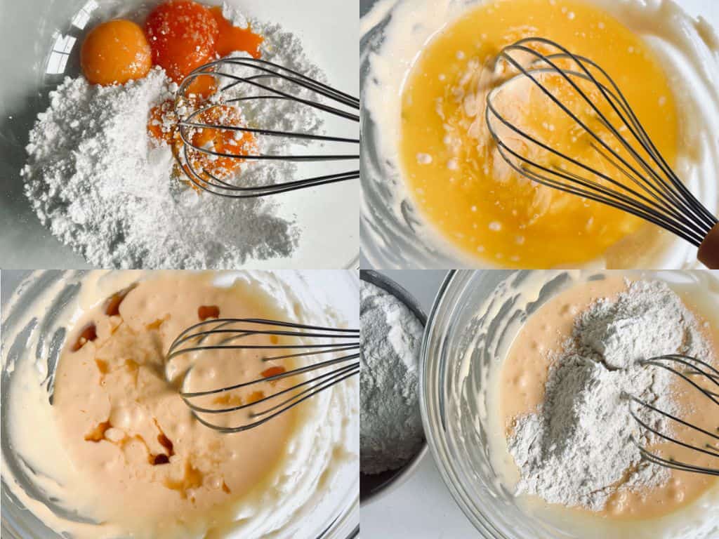 A photo collage of the process of making a crust for pear and ricotta cheesecake