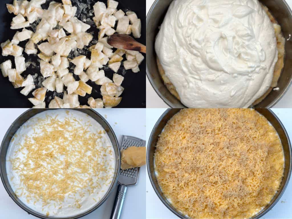 A photo collage of the process of making a pear and ricotta cheesecake