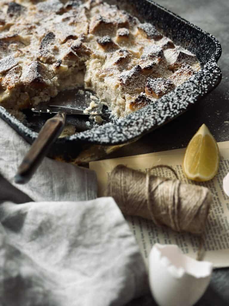 Sourdough French toast casserole with ricotta and lemon.