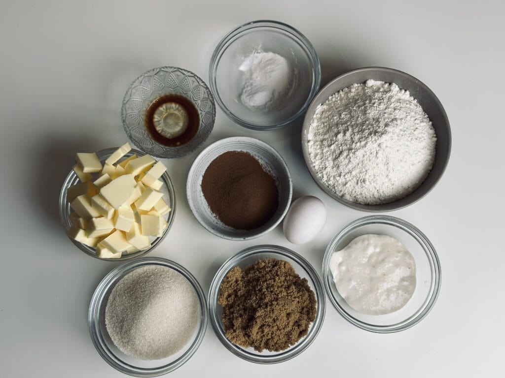 Ingredients needed for sourdough coffee cookies with mascarpone.