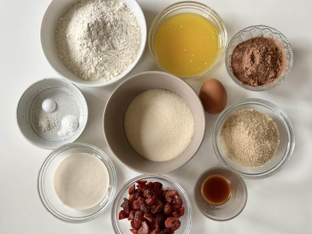 Ingredients needed for sourdough brownie cookies