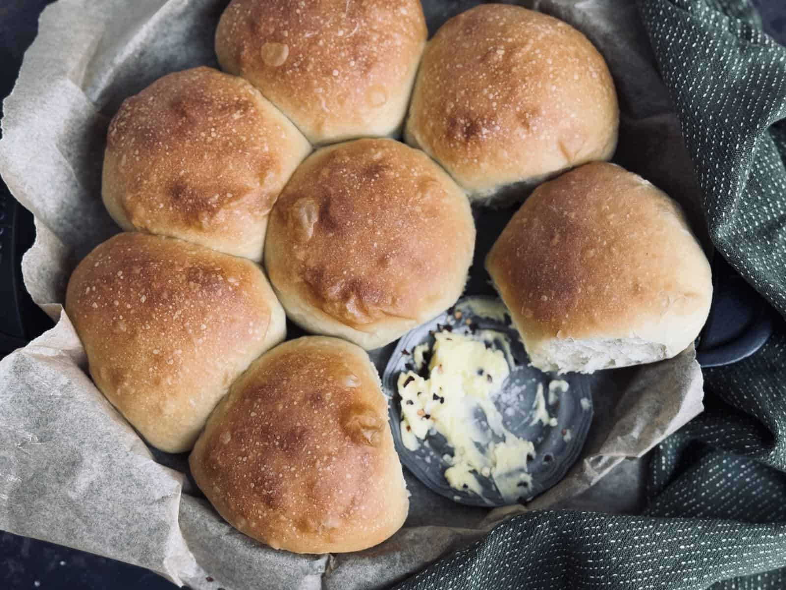 Sourdough dinner rolls in a baking tray.