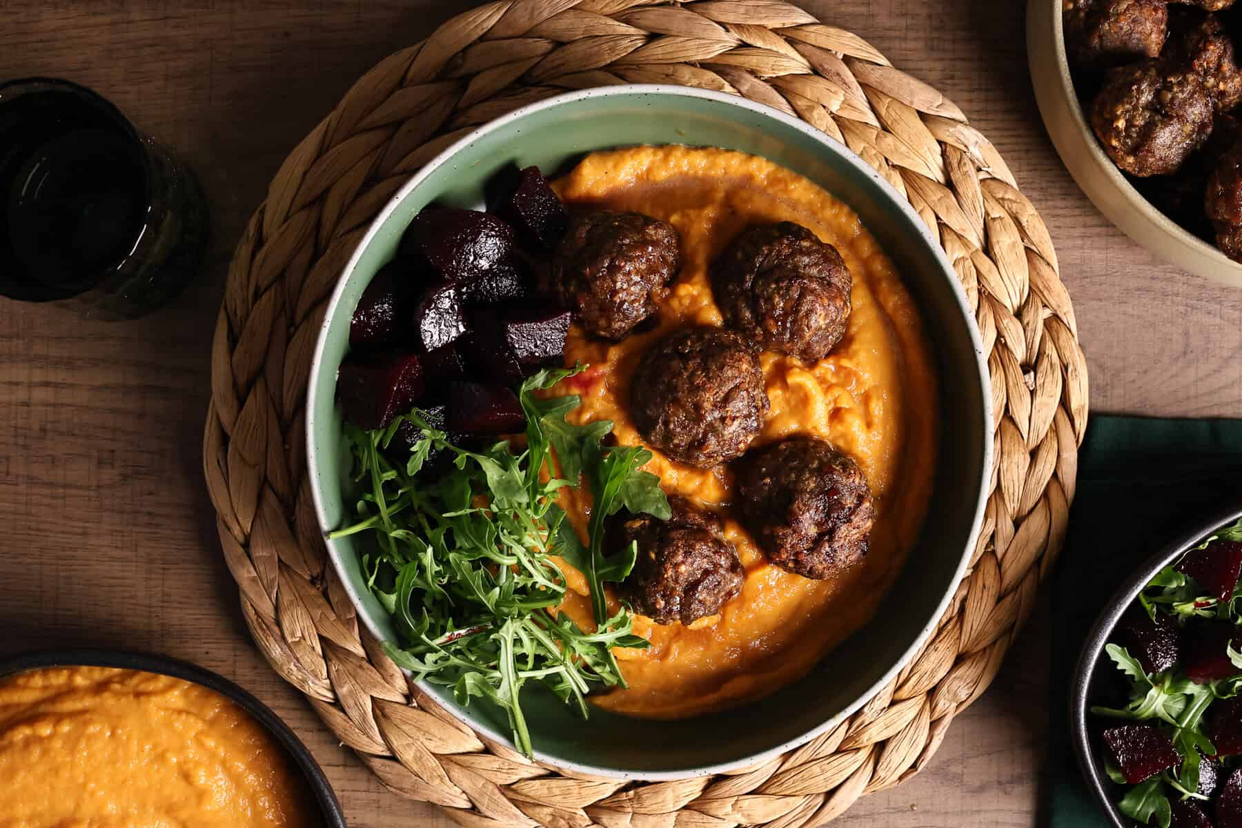 plated spiced mashed potatoes with oven-baked venison meatballs