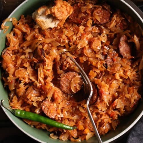Close-up of a bowl of homemade cabbage and sausage casserole