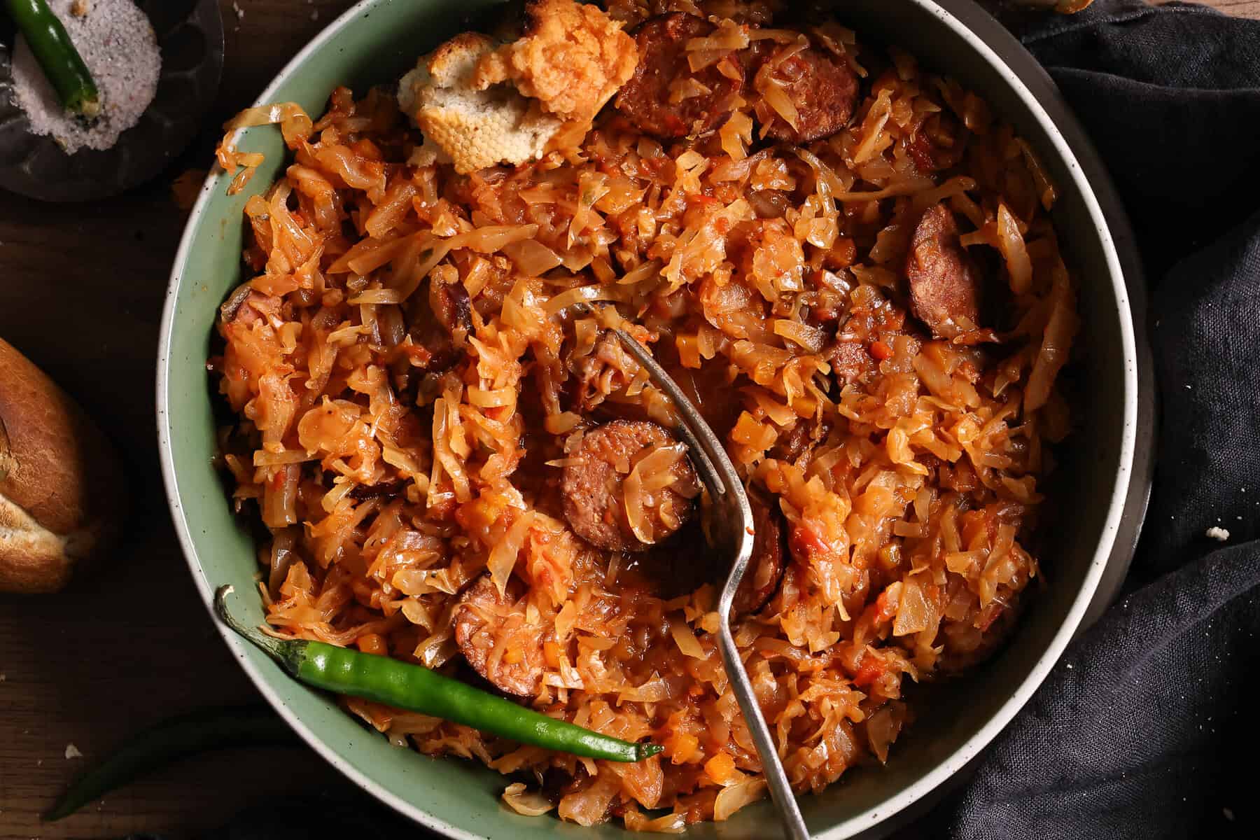 Close-up of a bowl of homemade cabbage and sausage casserole