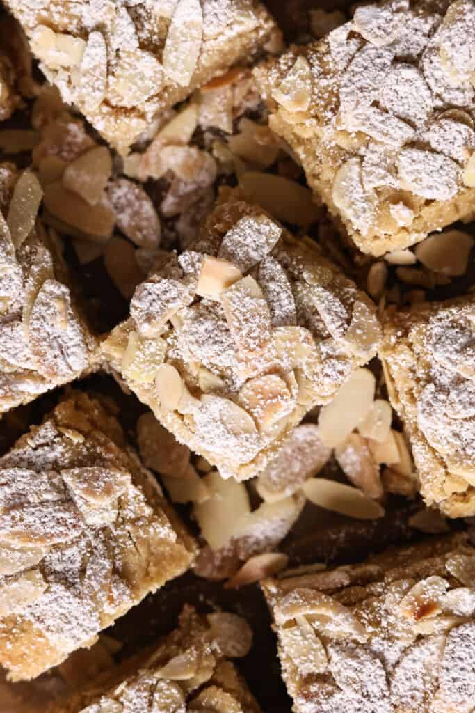 Close-up of sourdough discard almond croissant cookie bar.